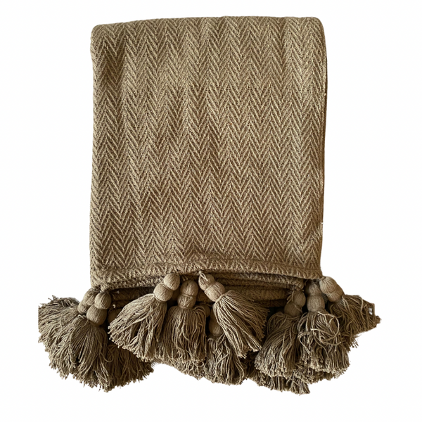Woven Cotten Throw with Tassels- Brown Olive