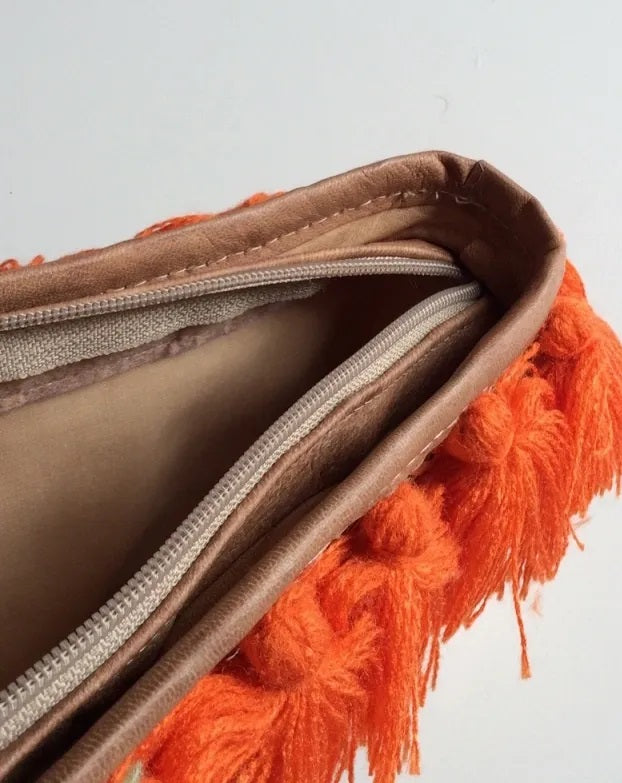 Indie Clutch Large- Orange Pom Pom